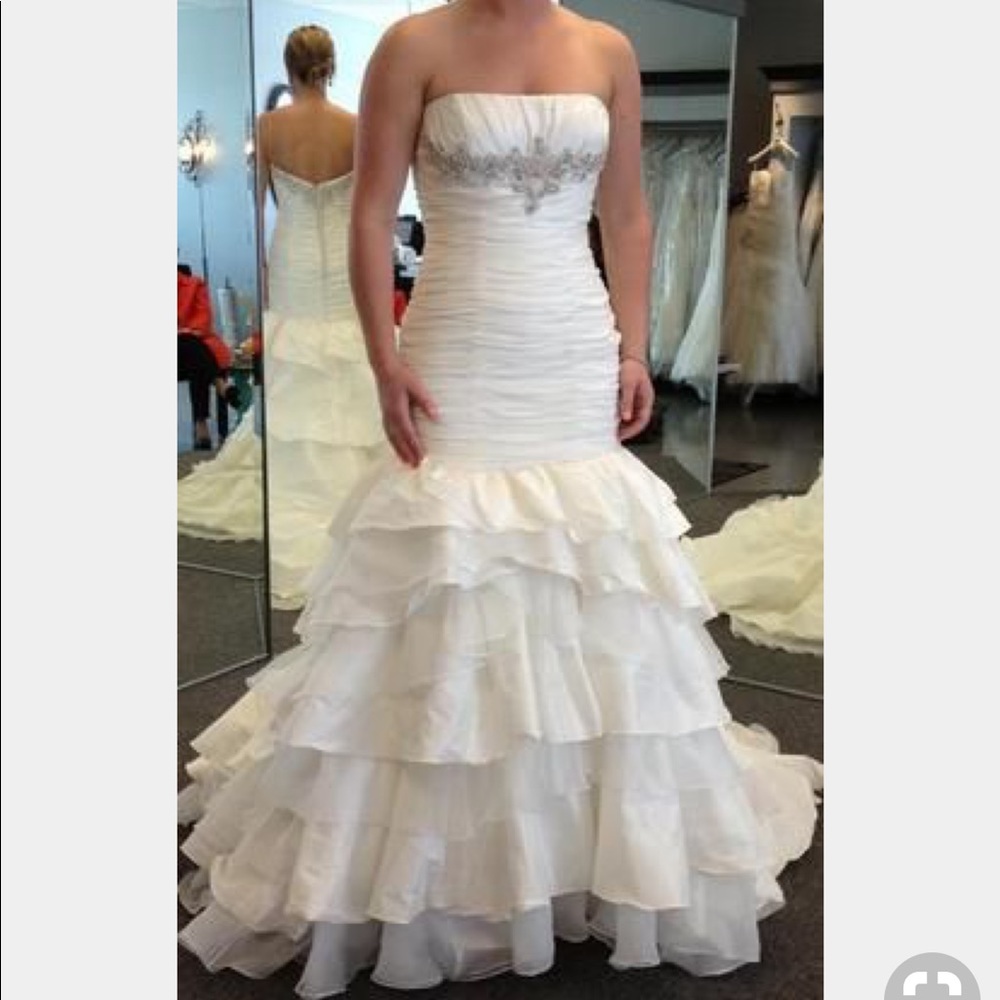 fit to flare beaded ivory strapless wedding dress